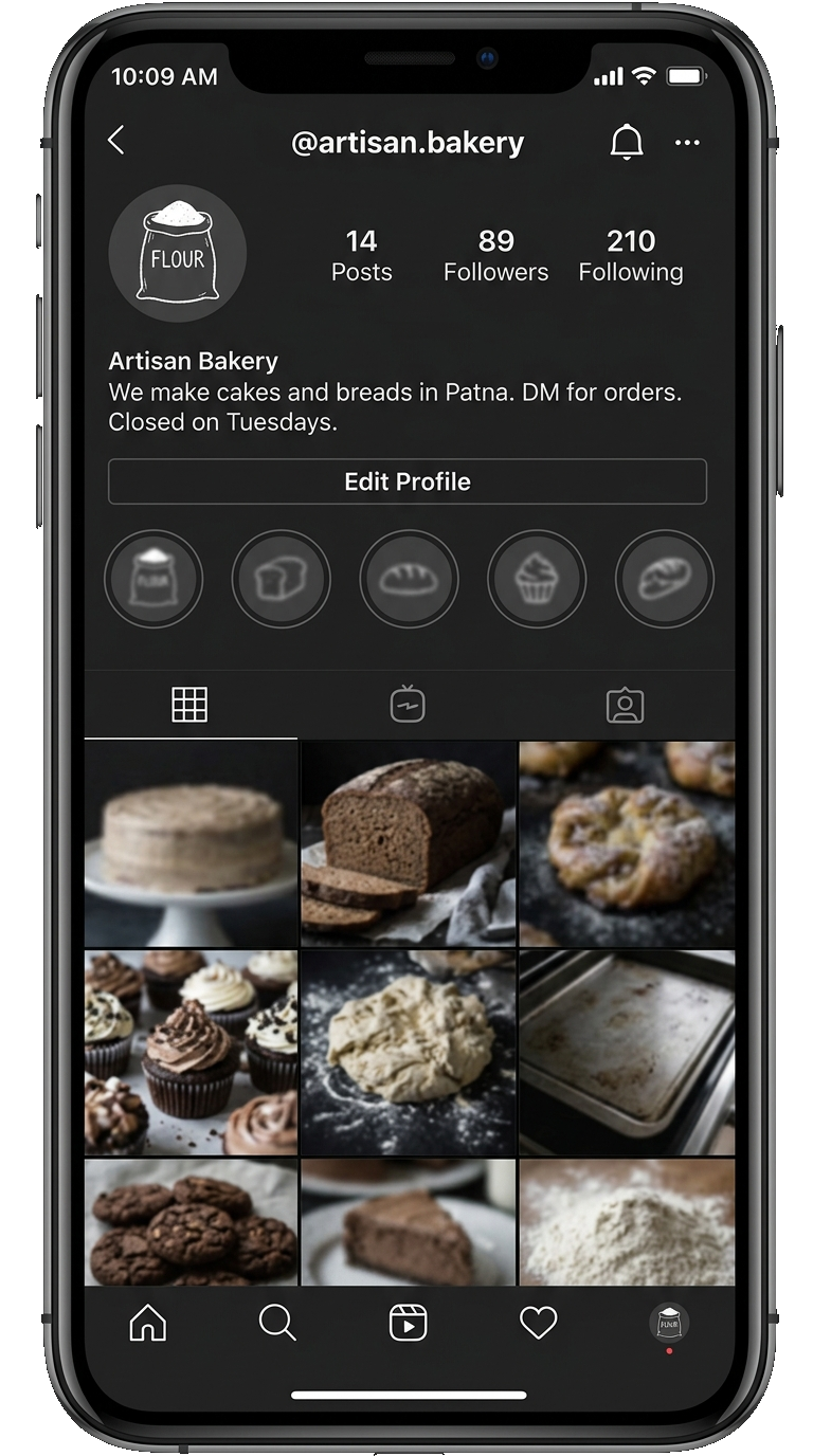 Artisan Bakery Instagram profile before optimization - 89 followers